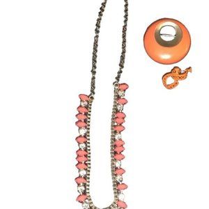 J Crew Necklace Set Brooch Earrings Marquise Glass Orange Beads Rhinestones SCov